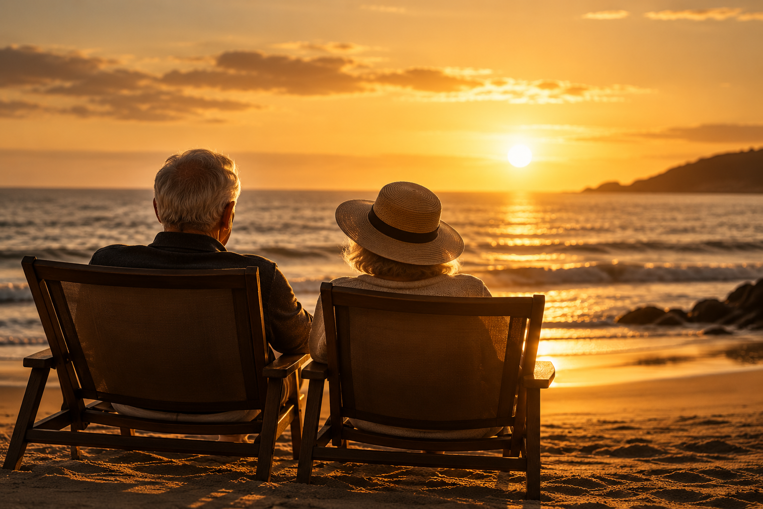 A retired couple at the beach watching the sunrise