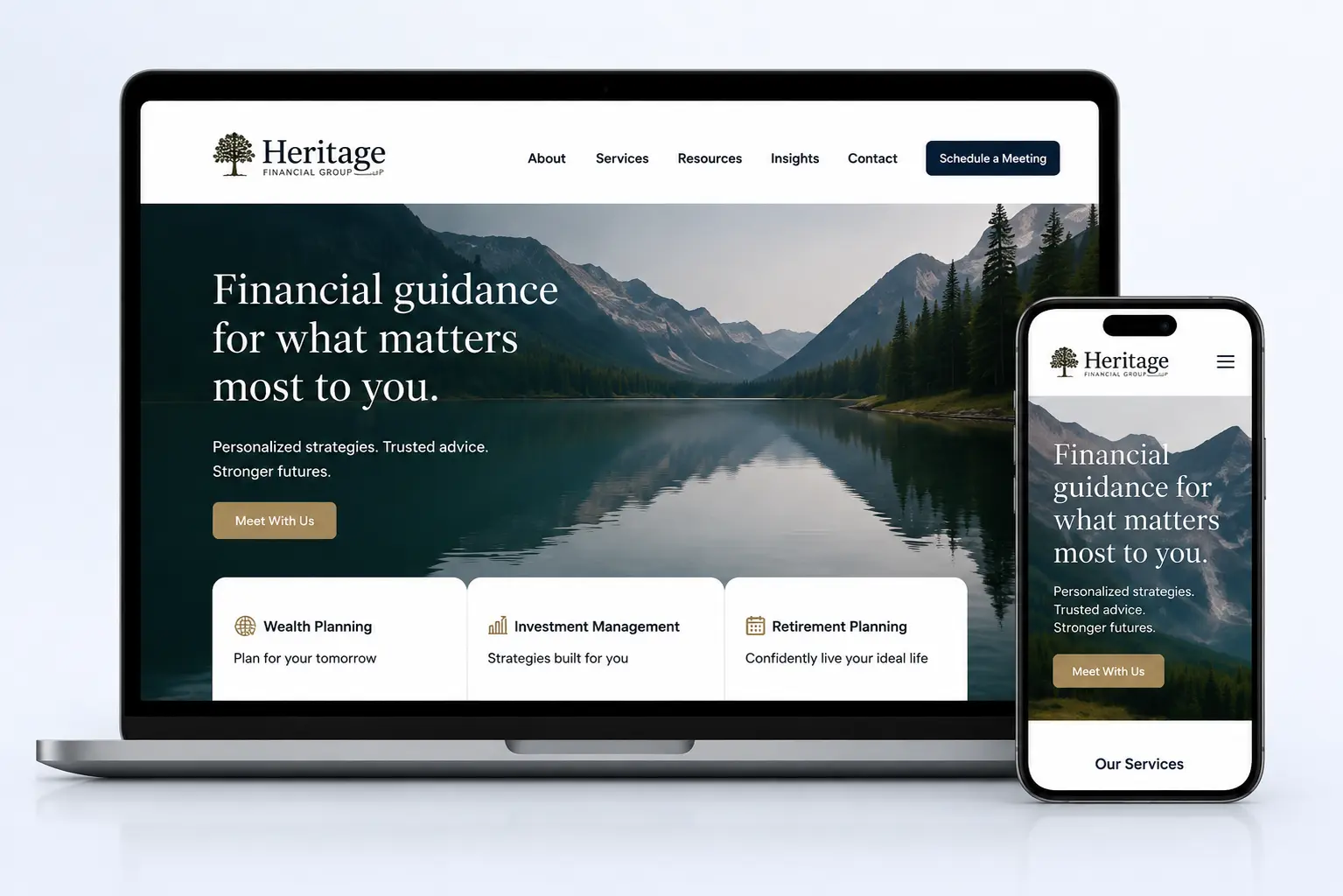 Laptop and phone showing a responsive financial advisor website